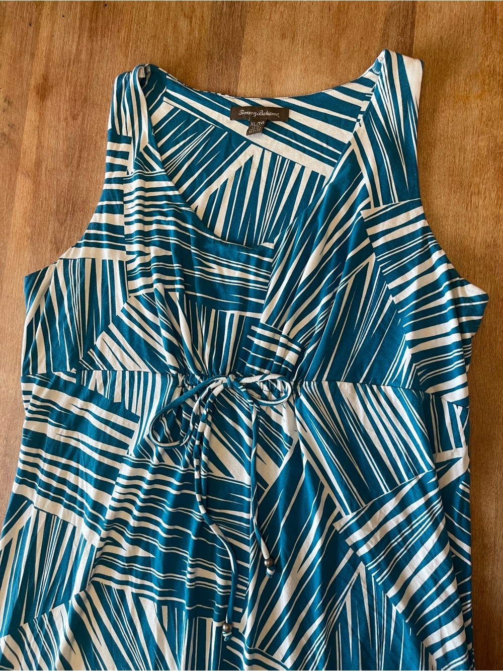 Tommy Bahama Teal & White Sleeveless Tie-Waist Geometric Dress - Picture 3 of 10